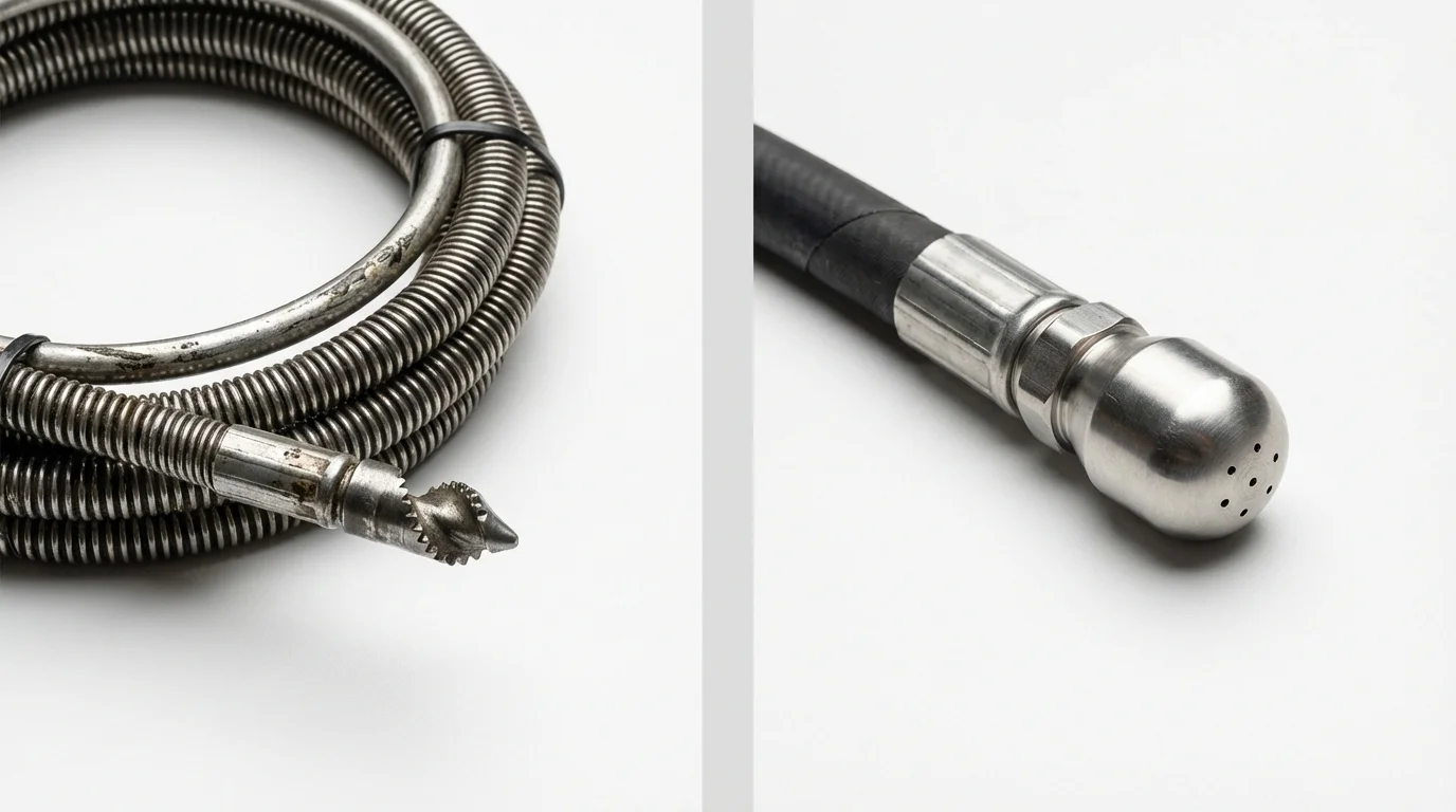 Drain snake cable and hydro jetting nozzle used for drain cleaning in Hot Springs National Park, AR