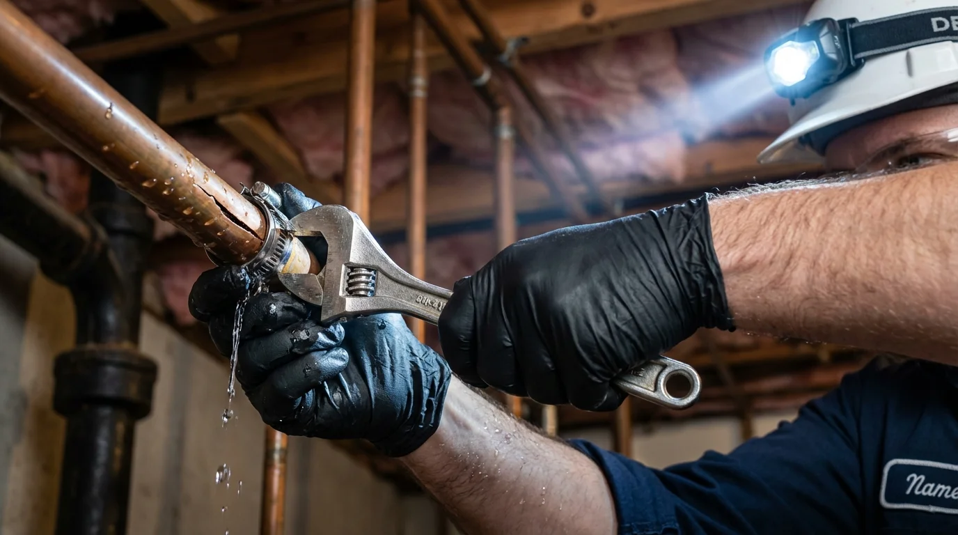 Emergency pipe clamp repair being performed by a Johns Plumbing LLC plumber in Hot Springs National Park