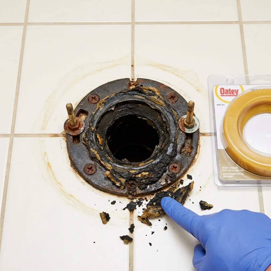 Failed wax ring showing water seepage at the base of a toilet in a Hot Springs National Park, AR home