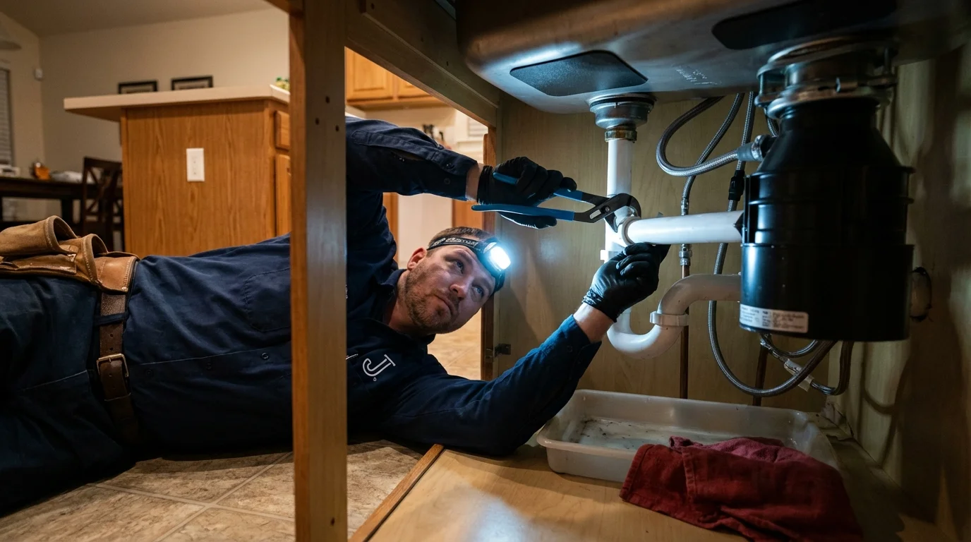 P-trap and supply line connections under a kitchen sink showing a common leak point in Hot Springs National Park, AR
